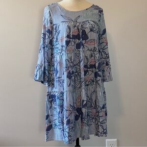 Women’s Medium Blue Striped Floral Tiered Dress Boho Cottagecore Long Sleeve